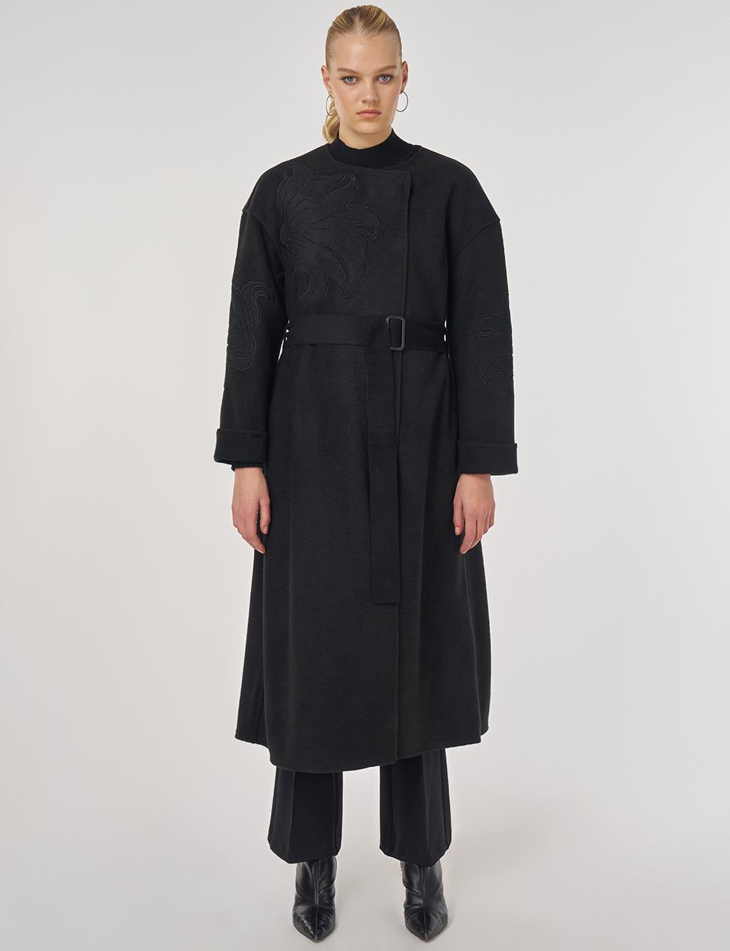 Appliqué Wool-Blend Coat in Black