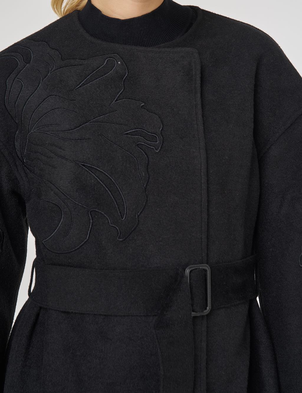 Appliqué Wool-Blend Coat in Black