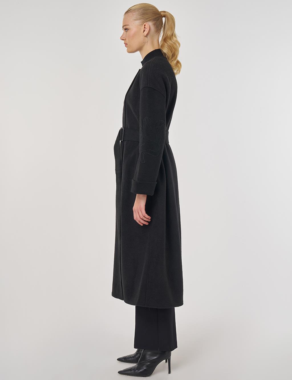 Appliqué Wool-Blend Coat in Black