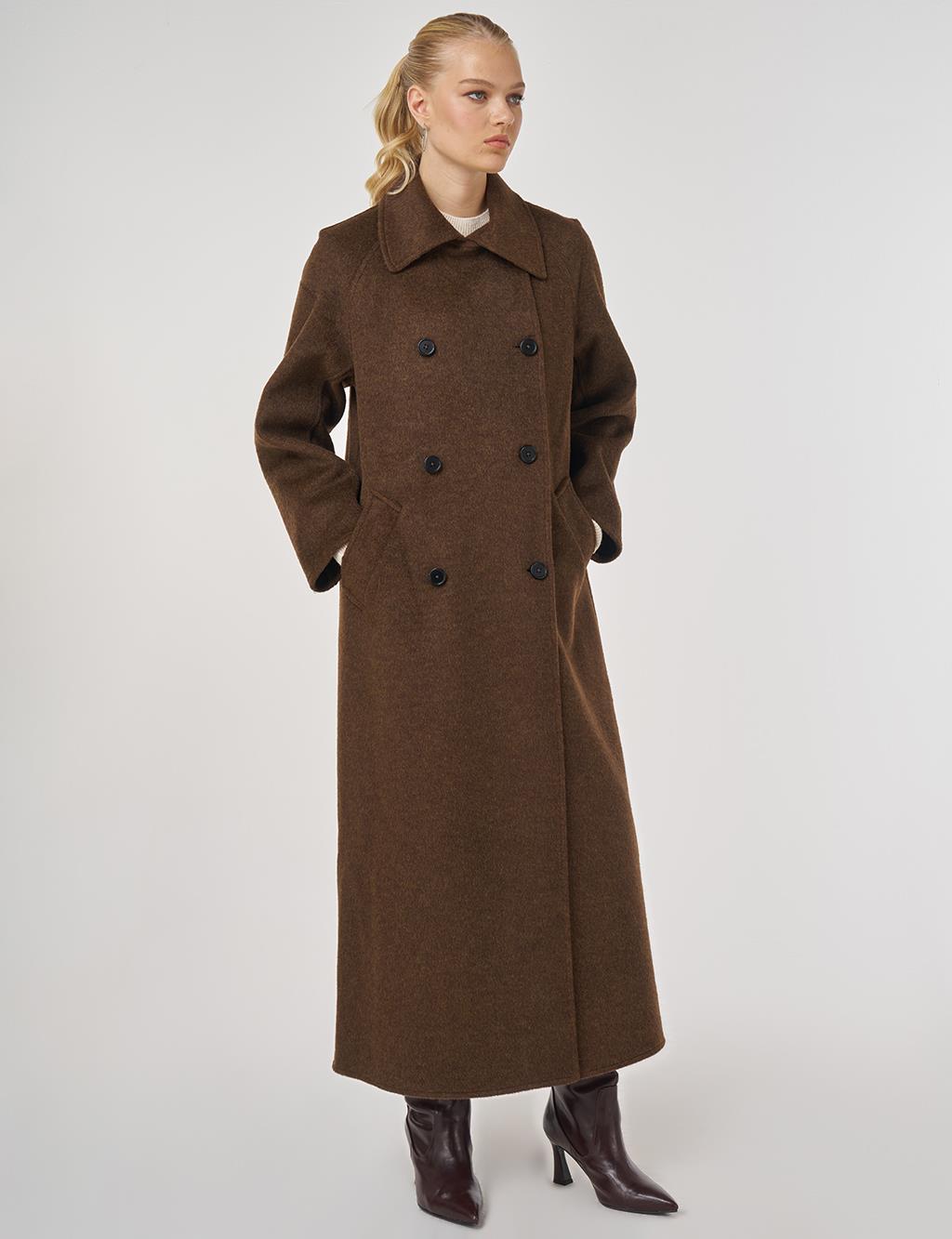 Düğmeli Kruvaze Kaşe Kaban Koyu Kahve 