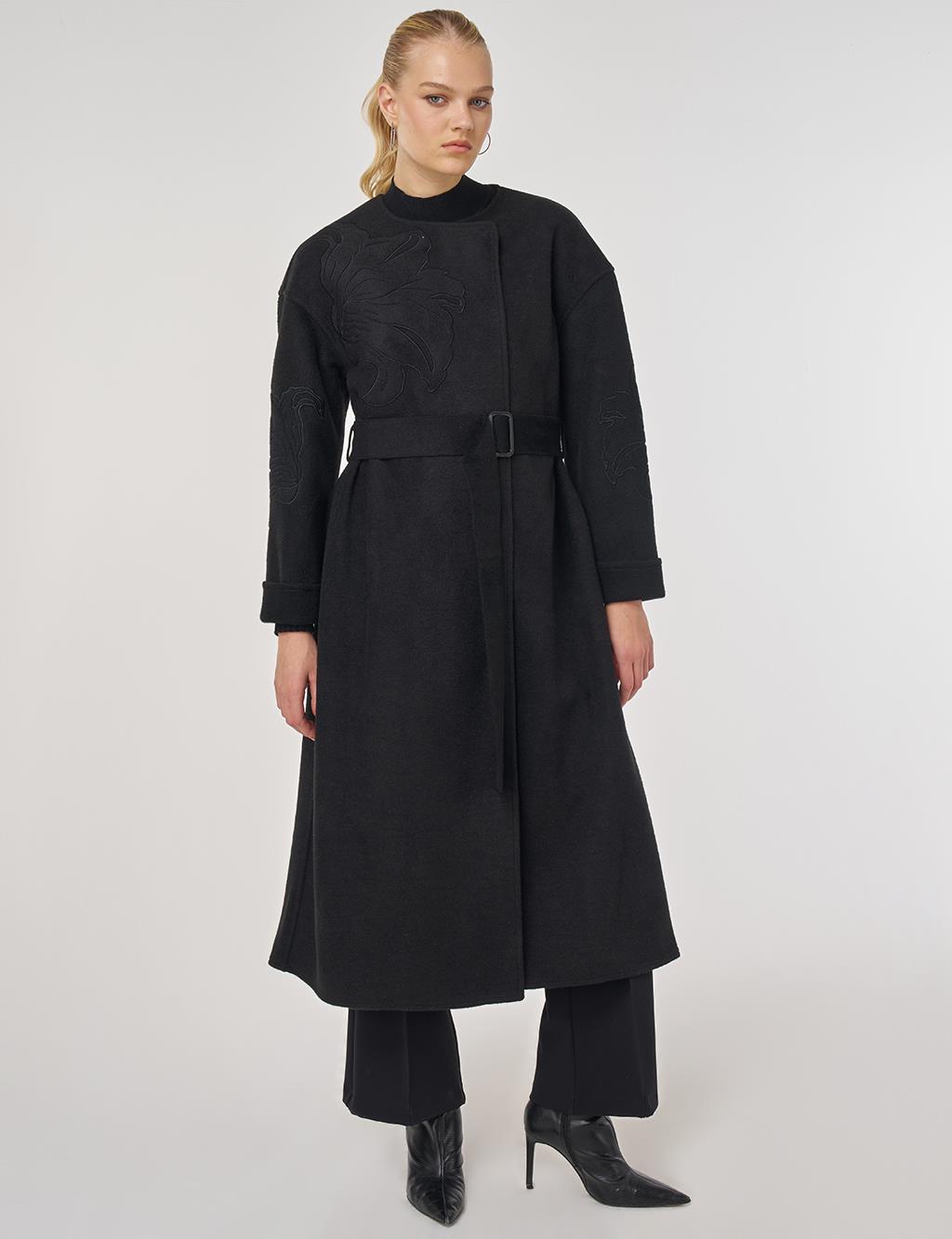 Appliqué Wool-Blend Coat in Black