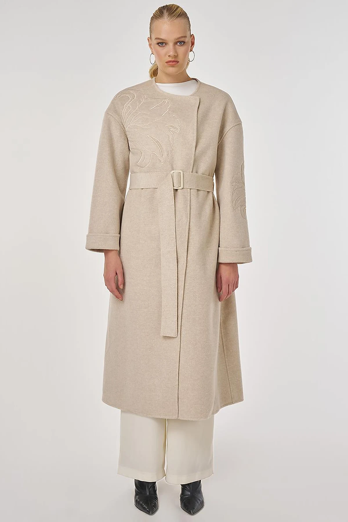 Appliqué Wool-Blend Coat in Cream