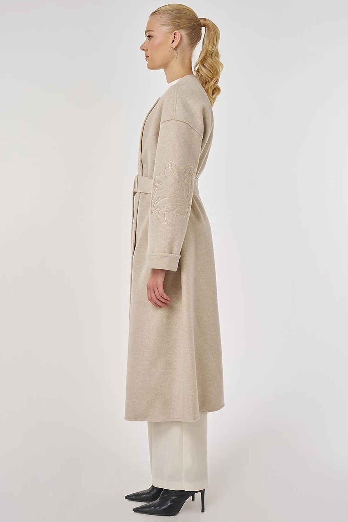 Appliqué Wool-Blend Coat in Cream