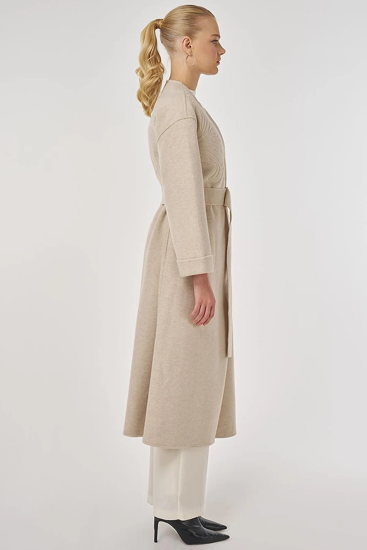 Appliqué Wool-Blend Coat in Cream
