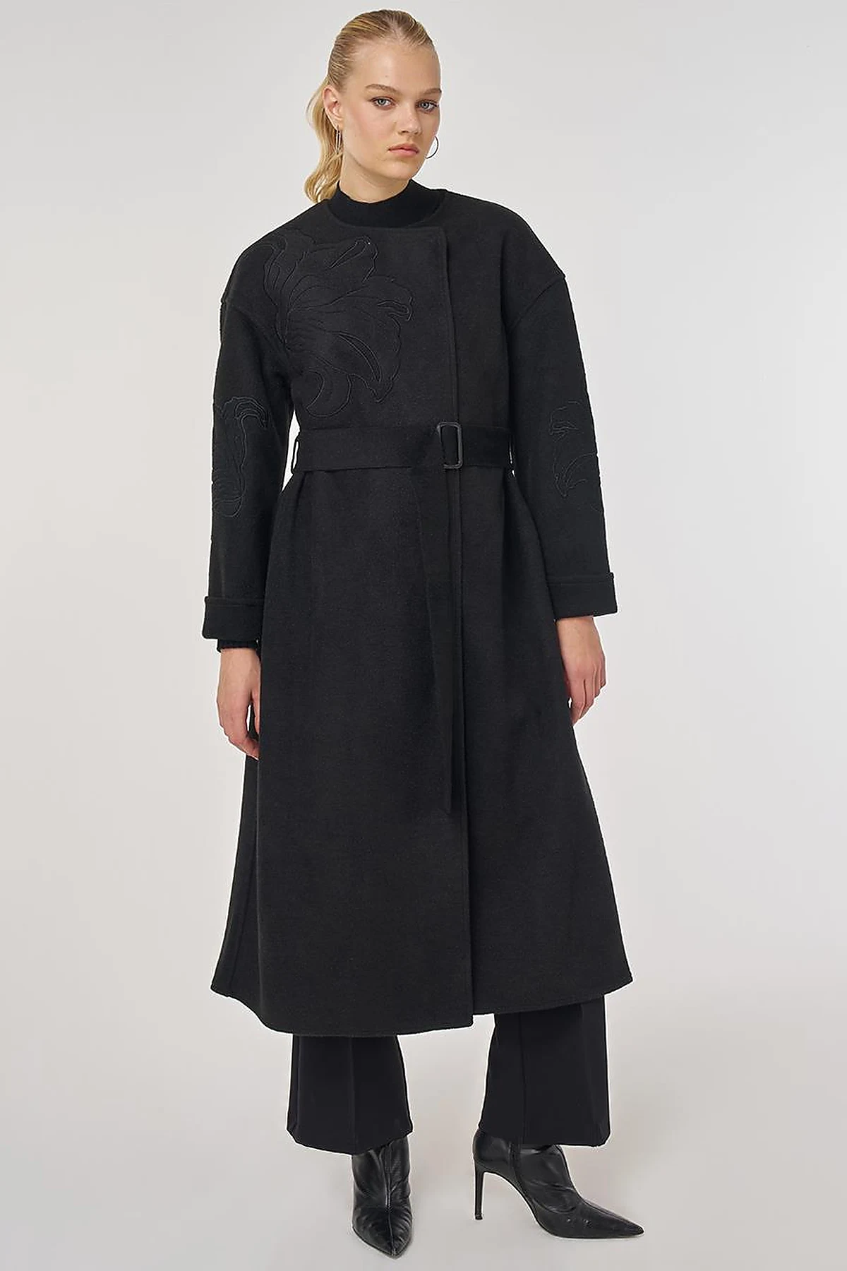 Appliqué Wool-Blend Coat in Black