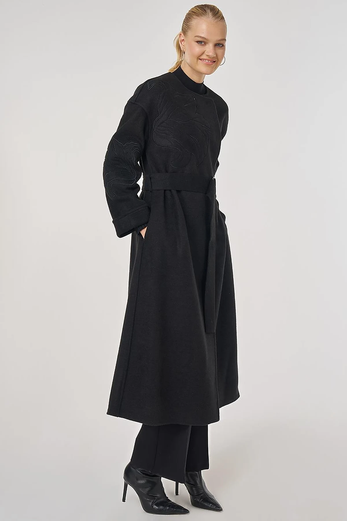 Appliqué Wool-Blend Coat in Black