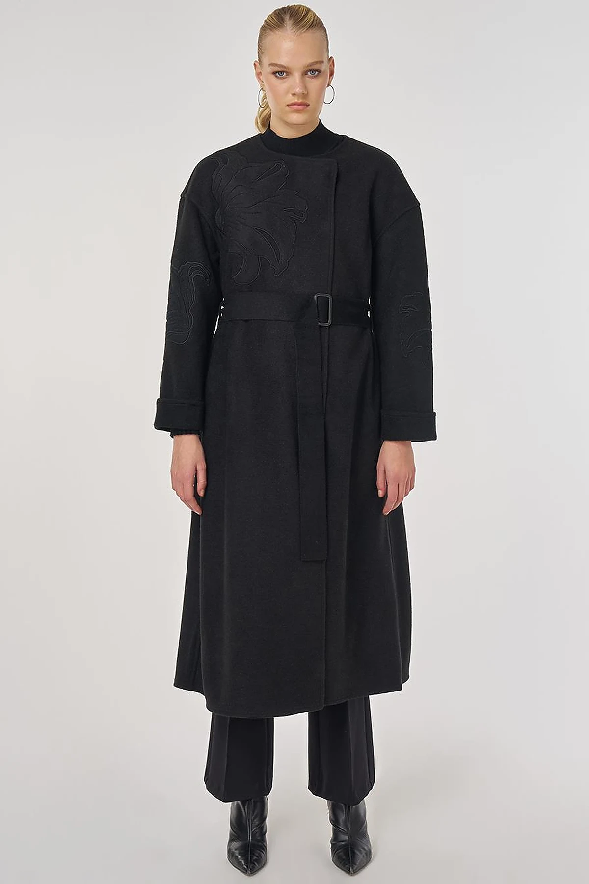 Appliqué Wool-Blend Coat in Black