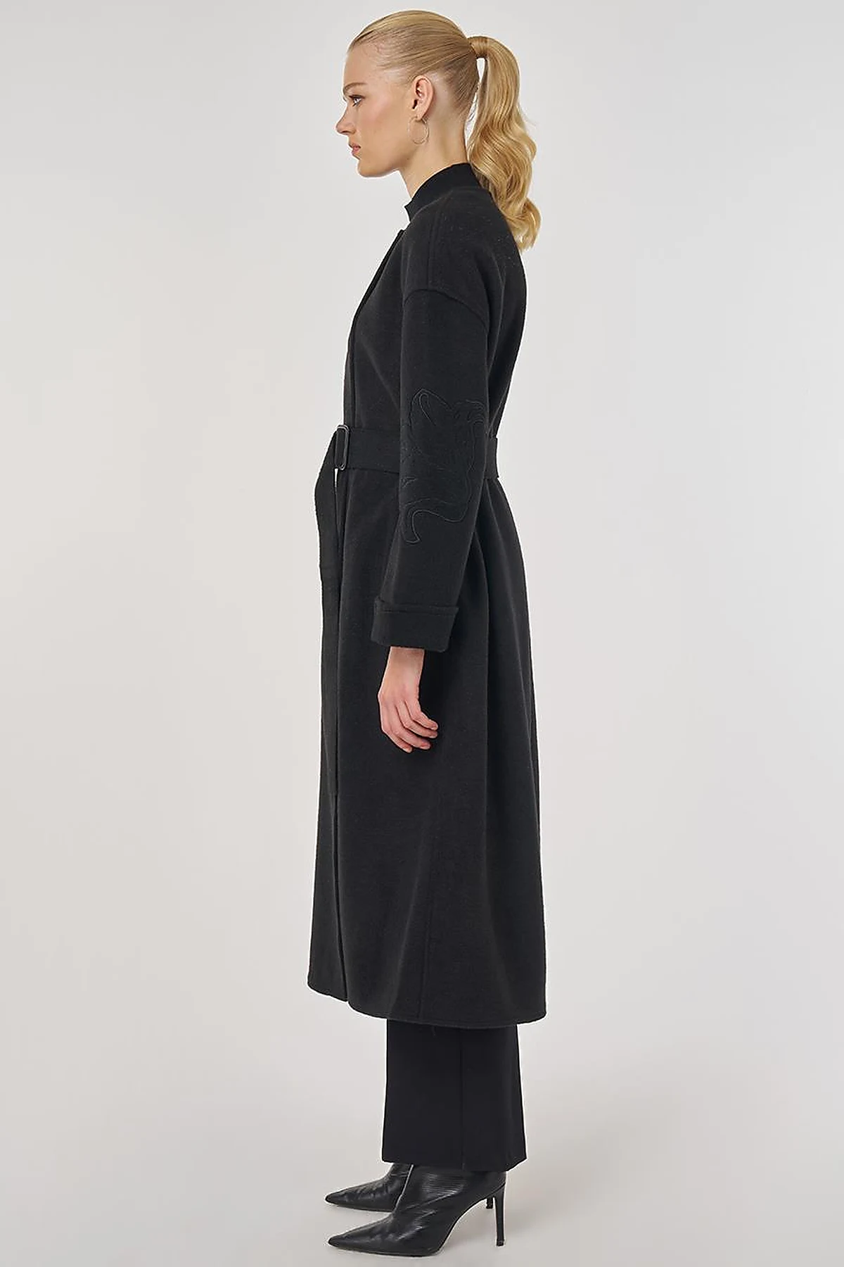 Appliqué Wool-Blend Coat in Black