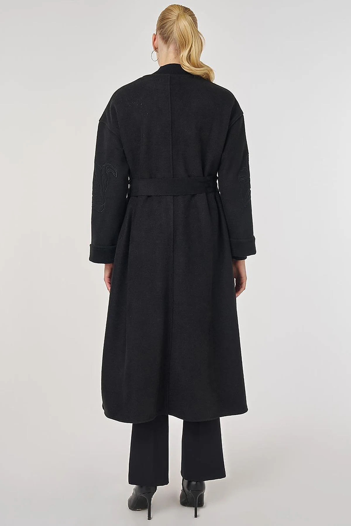 Appliqué Wool-Blend Coat in Black