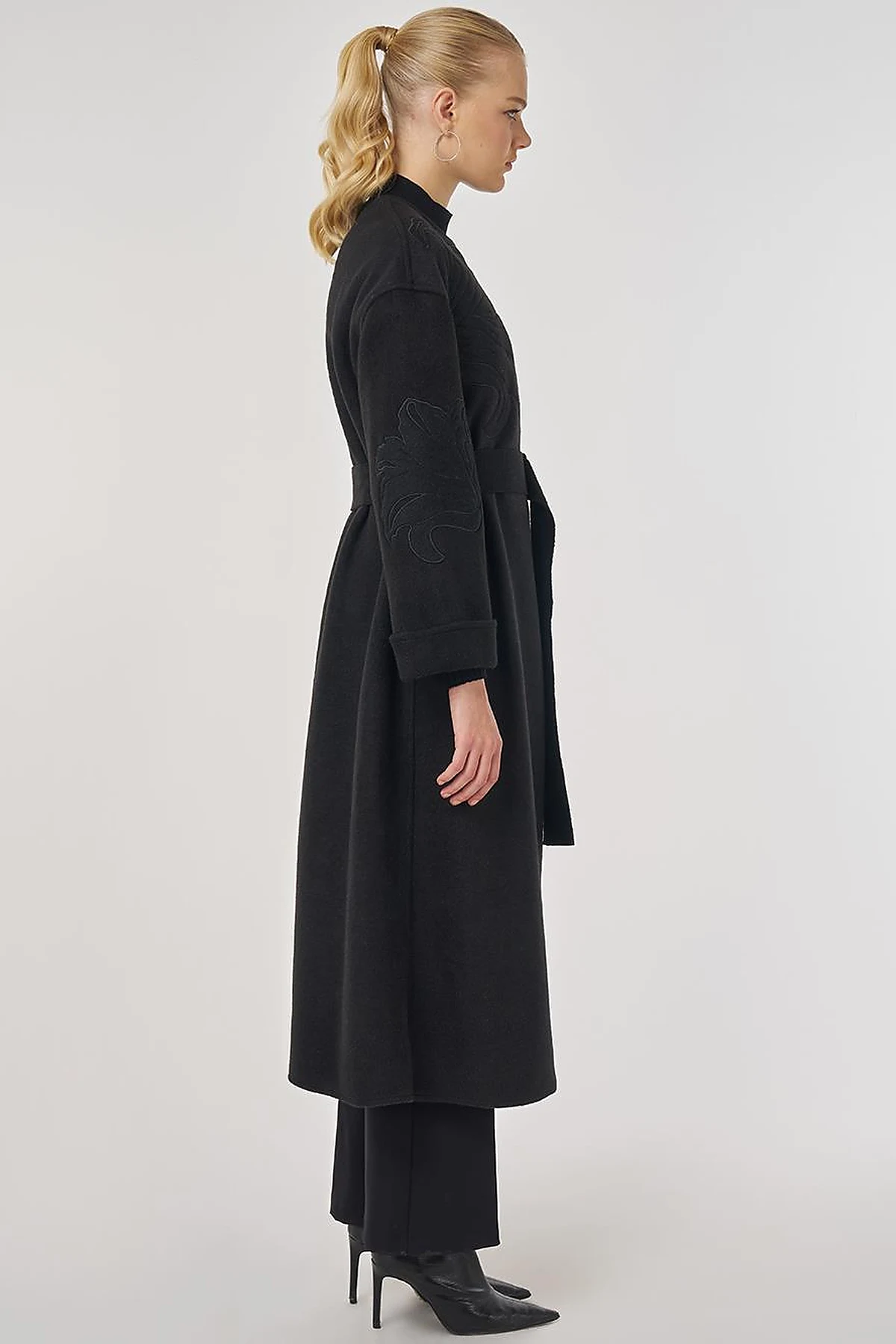 Appliqué Wool-Blend Coat in Black