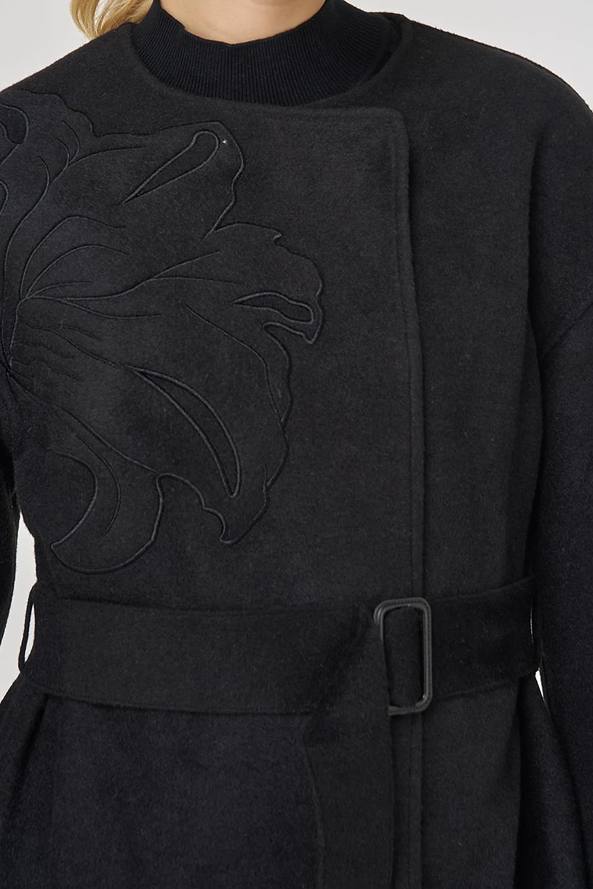 Appliqué Wool-Blend Coat in Black
