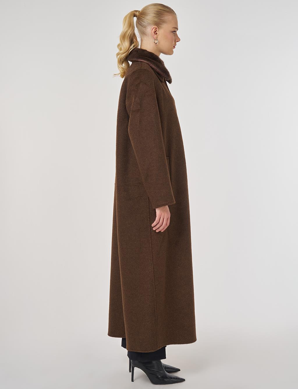 Kürk Yaka Kaşe Kaban Koyu Kahve 