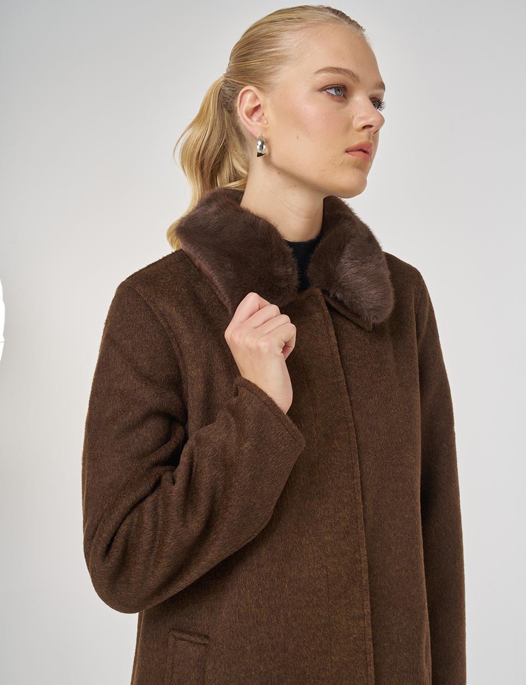 Kürk Yaka Kaşe Kaban Koyu Kahve 