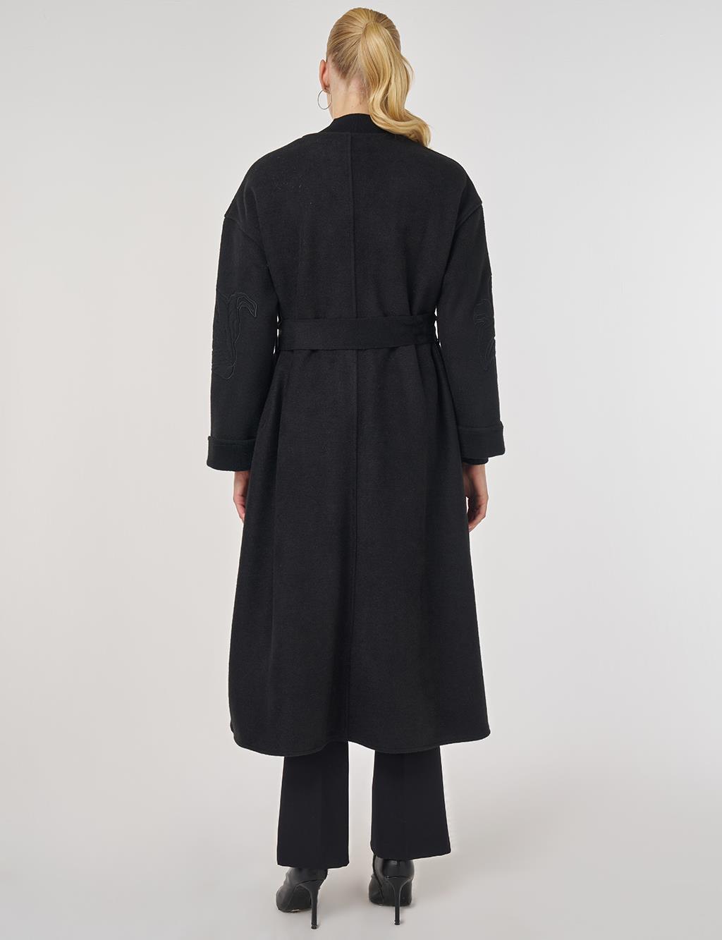 Appliqué Wool-Blend Coat in Black