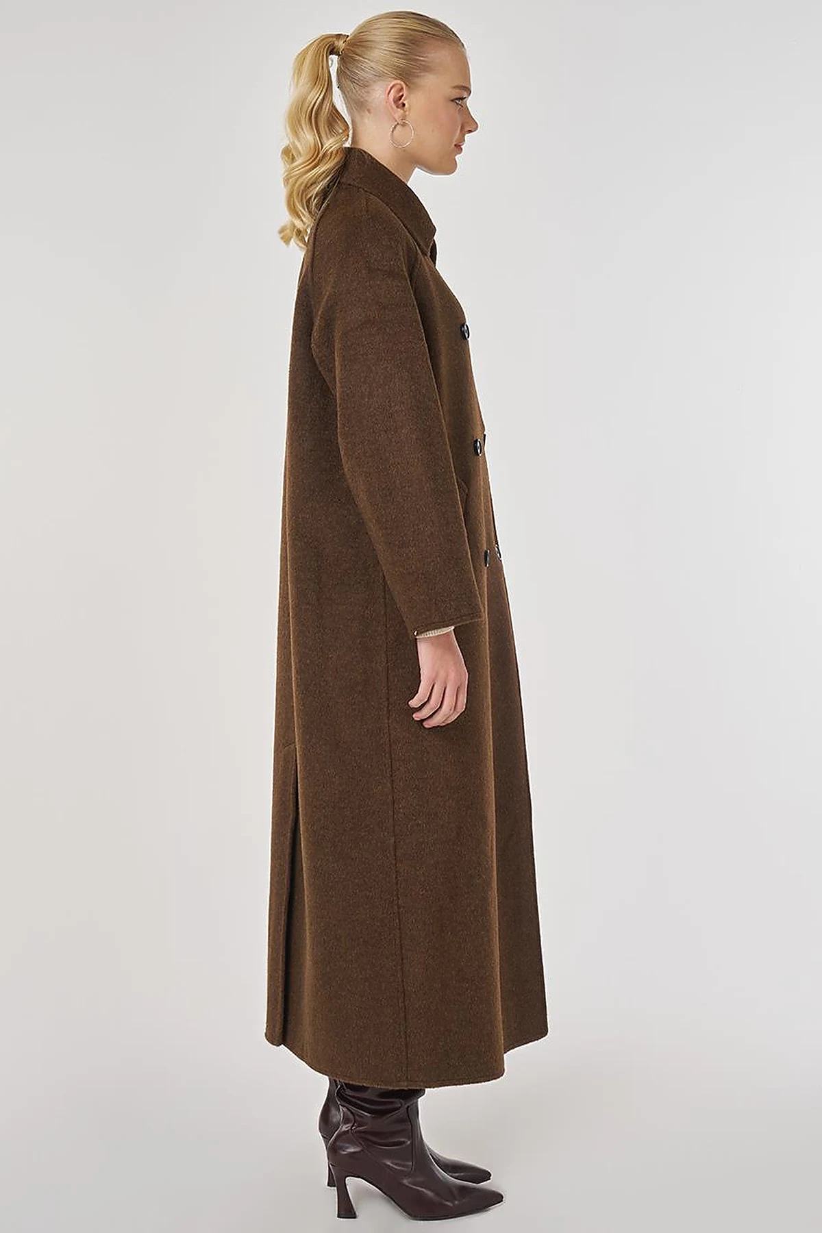 Double-Breasted Wool-Blend Coat in Dark Brown