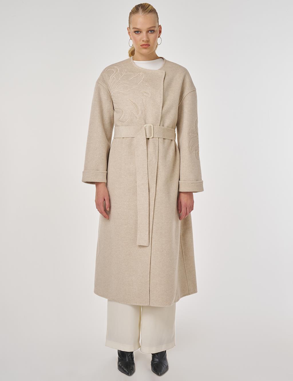 Appliqué Wool-Blend Coat in Cream
