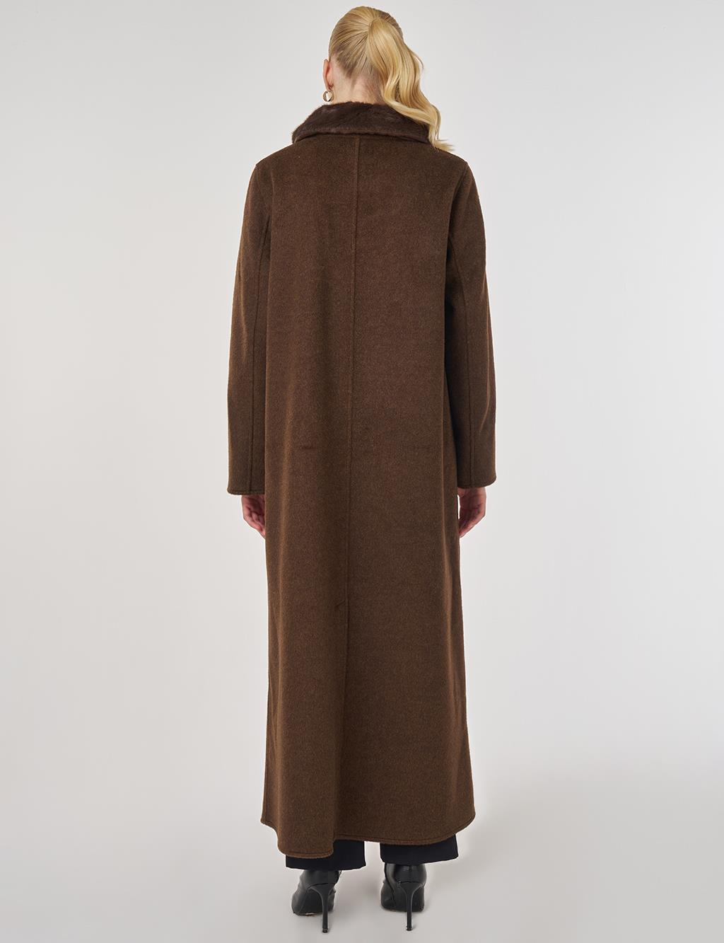 Kürk Yaka Kaşe Kaban Koyu Kahve 