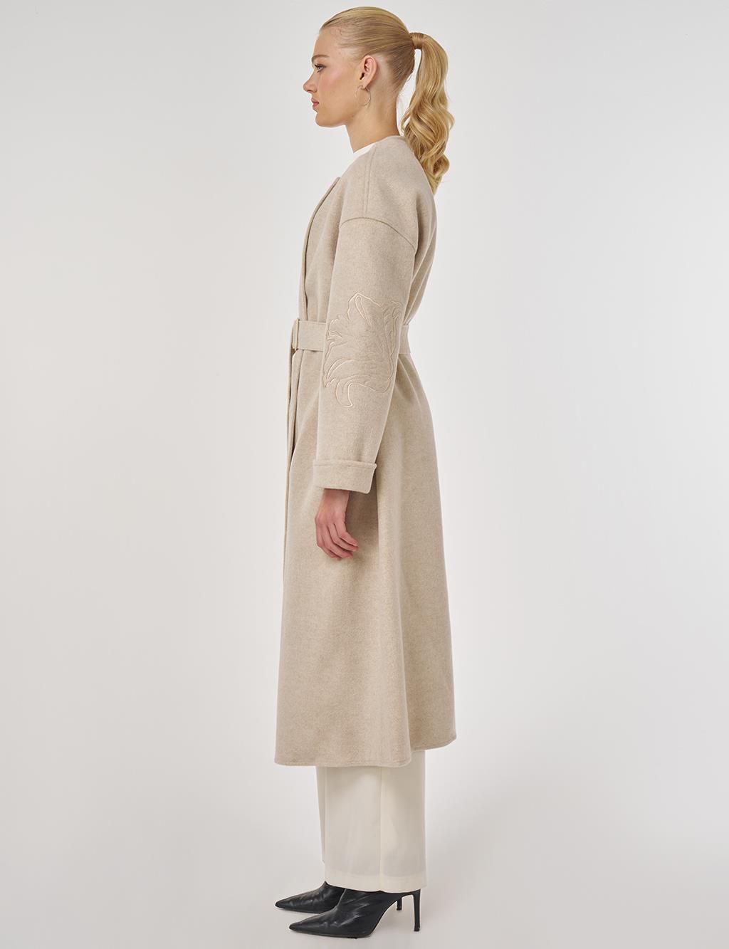 Appliqué Wool-Blend Coat in Cream