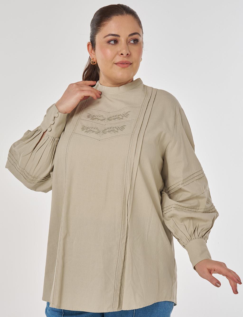 Nervür Dikişli Pamuk Keten Bluz Küf Yeşili