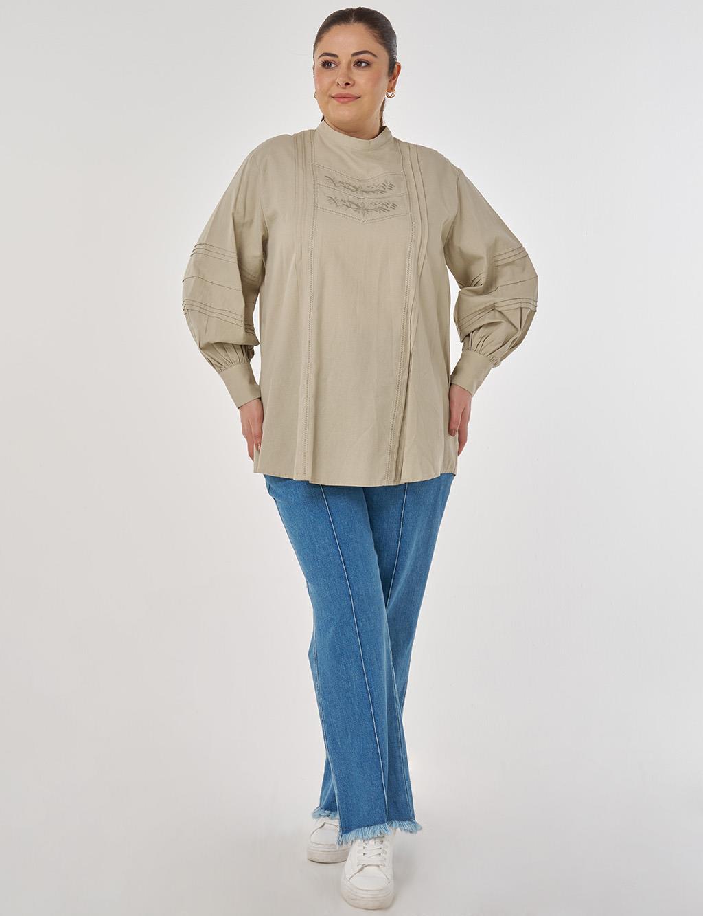 Nervür Dikişli Pamuk Keten Bluz Küf Yeşili