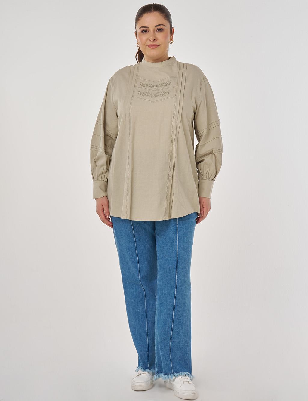 Nervür Dikişli Pamuk Keten Bluz Küf Yeşili