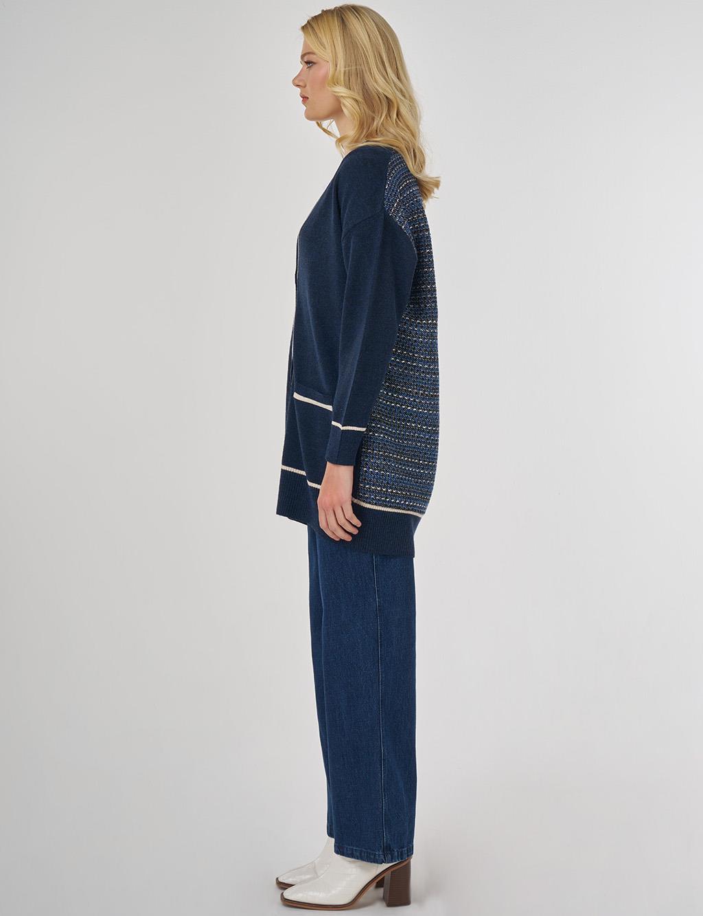 Contrast Trim Knit Cardigan in Navy Blue