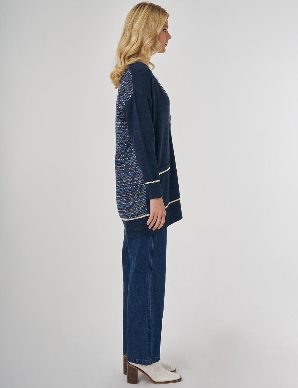Contrast Trim Knit Cardigan in Navy Blue