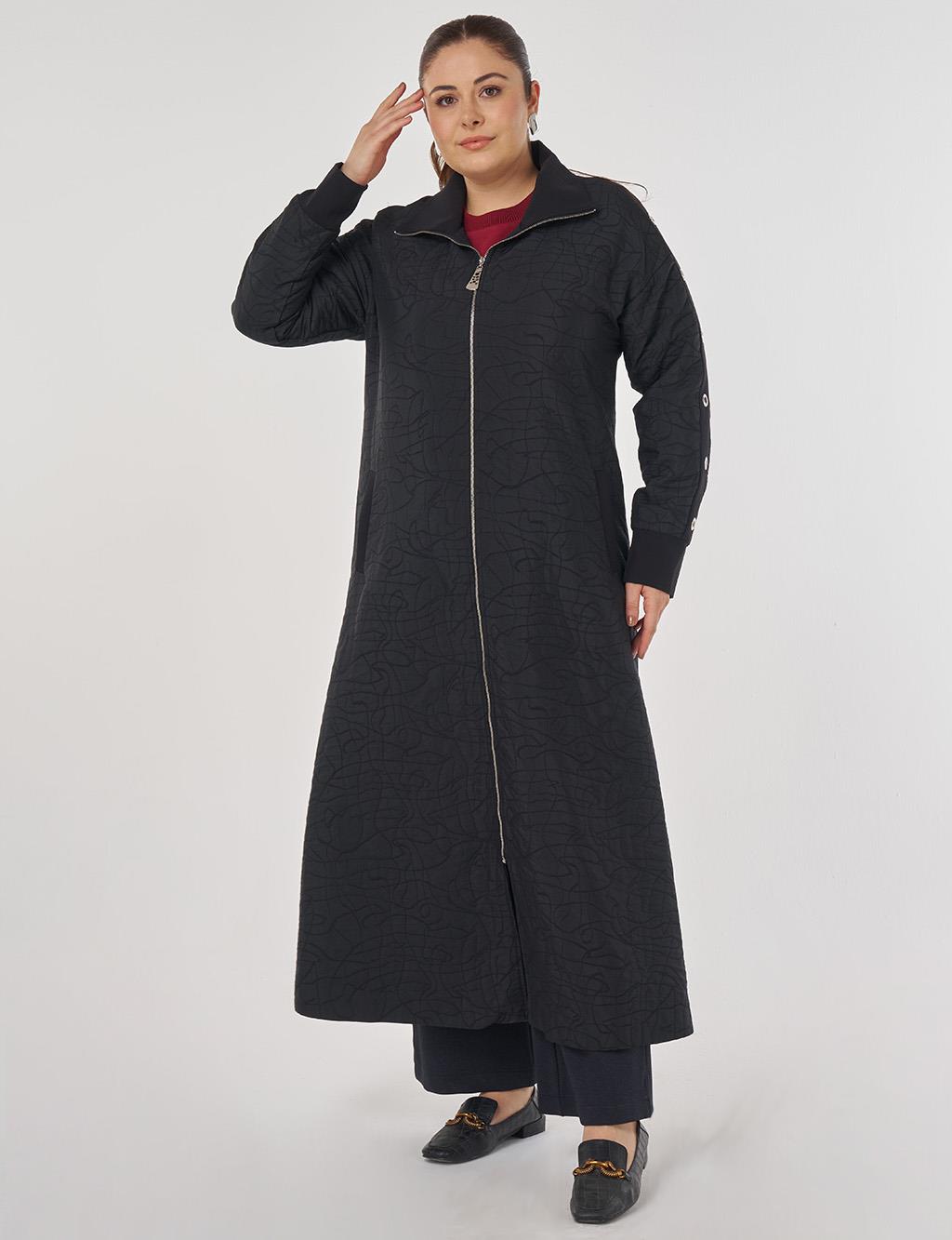 Embossed Pattern Stand Collar Coat in Black