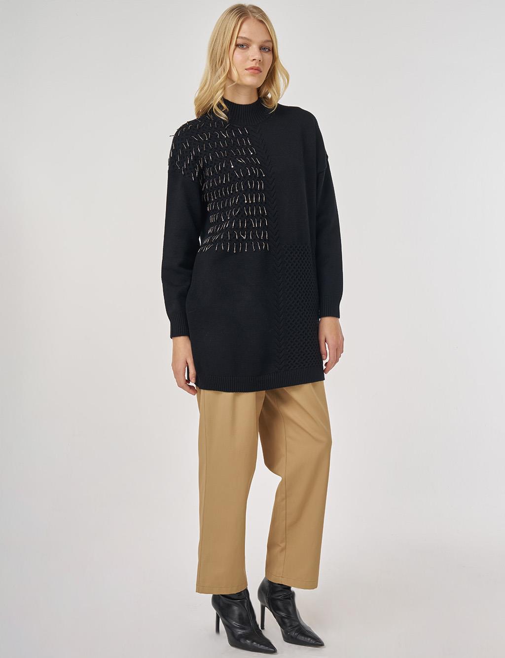 Örgü Detaylı Viskon Triko Tunik Siyah