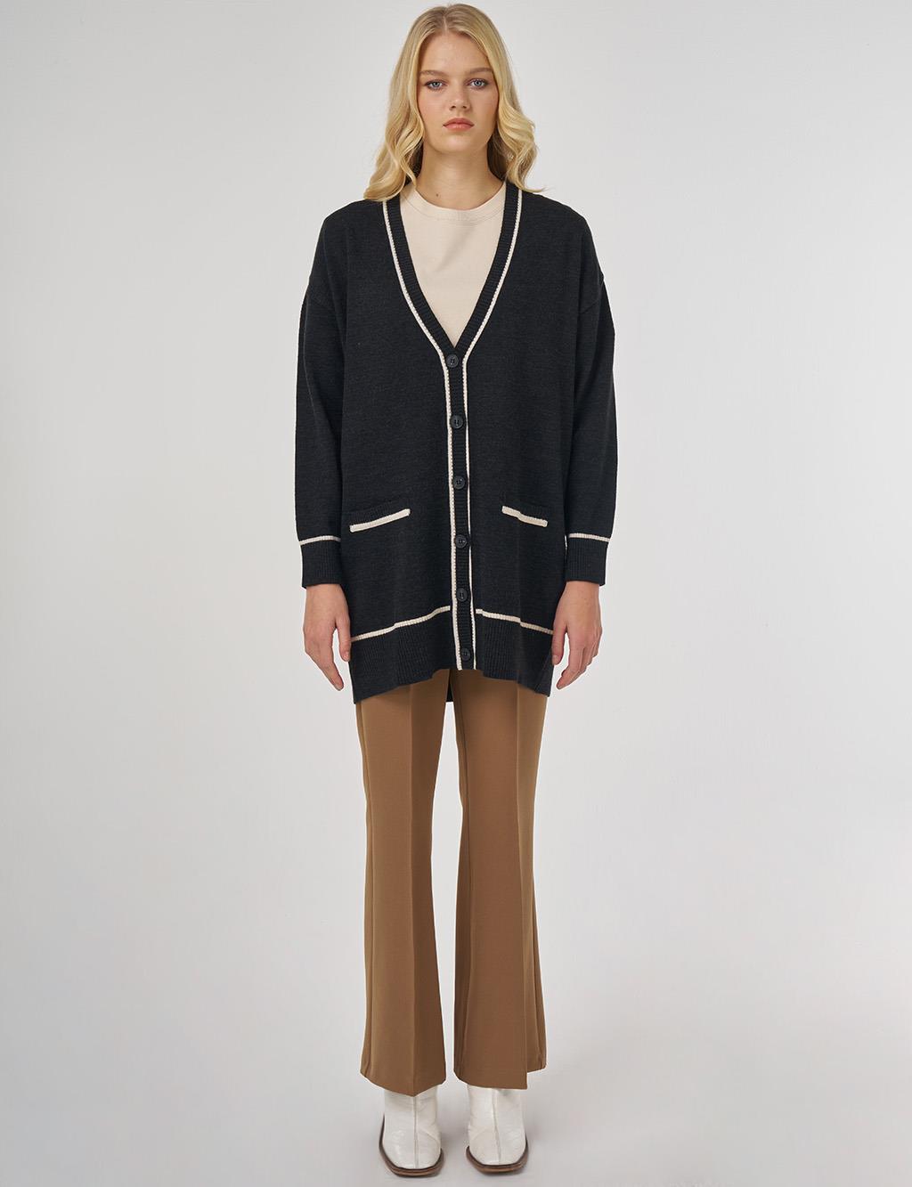 Contrast Trim Knit Cardigan in Black