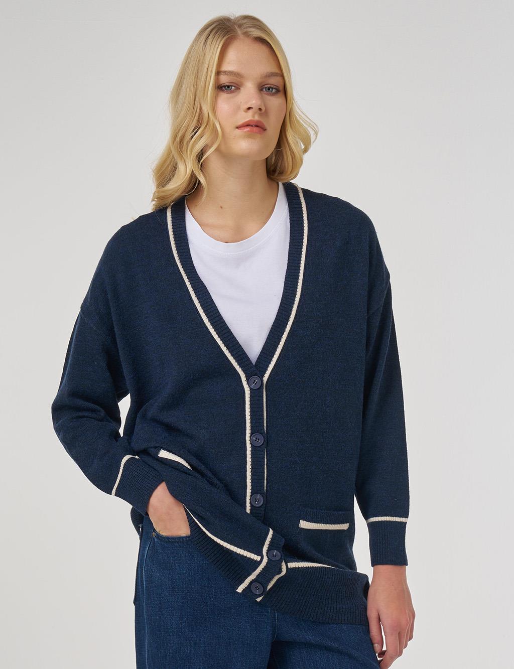 Contrast Trim Knit Cardigan in Navy Blue