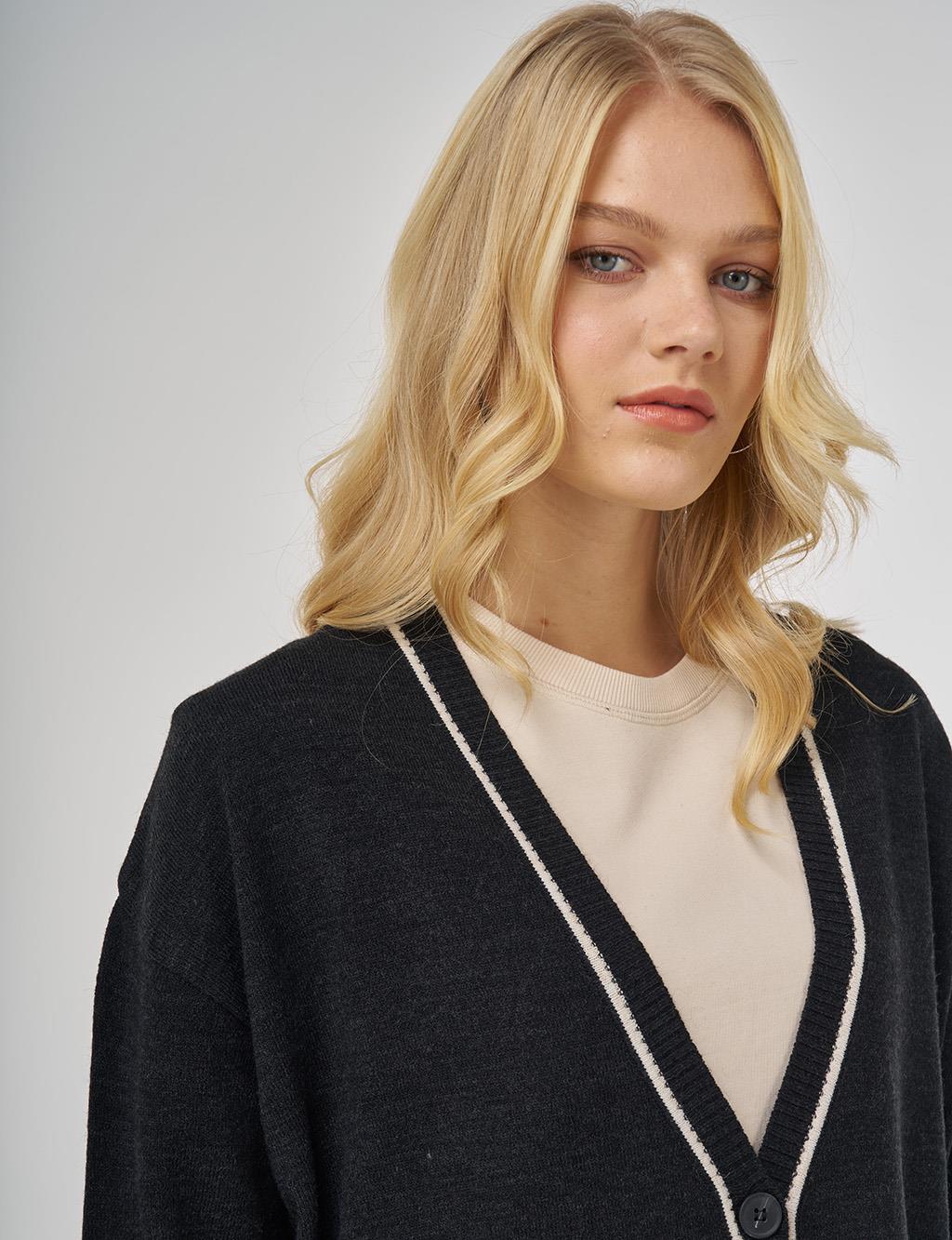 Contrast Trim Knit Cardigan in Black