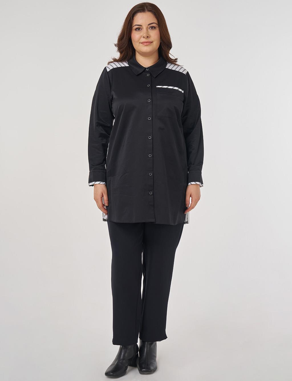 Çizgi Desen Pamuklu Tunik Siyah