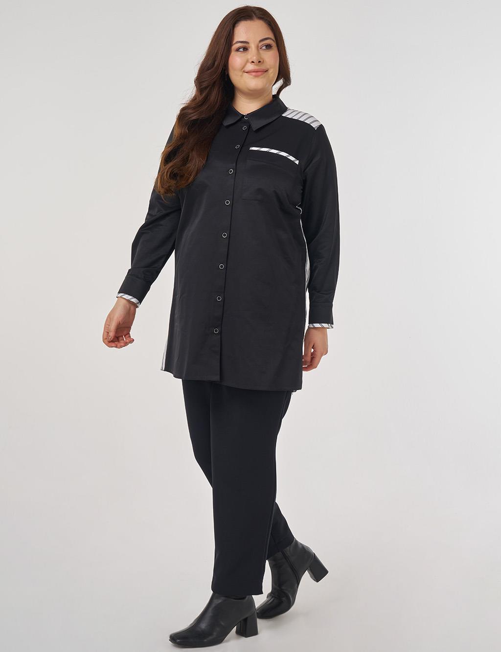 Çizgi Desen Pamuklu Tunik Siyah