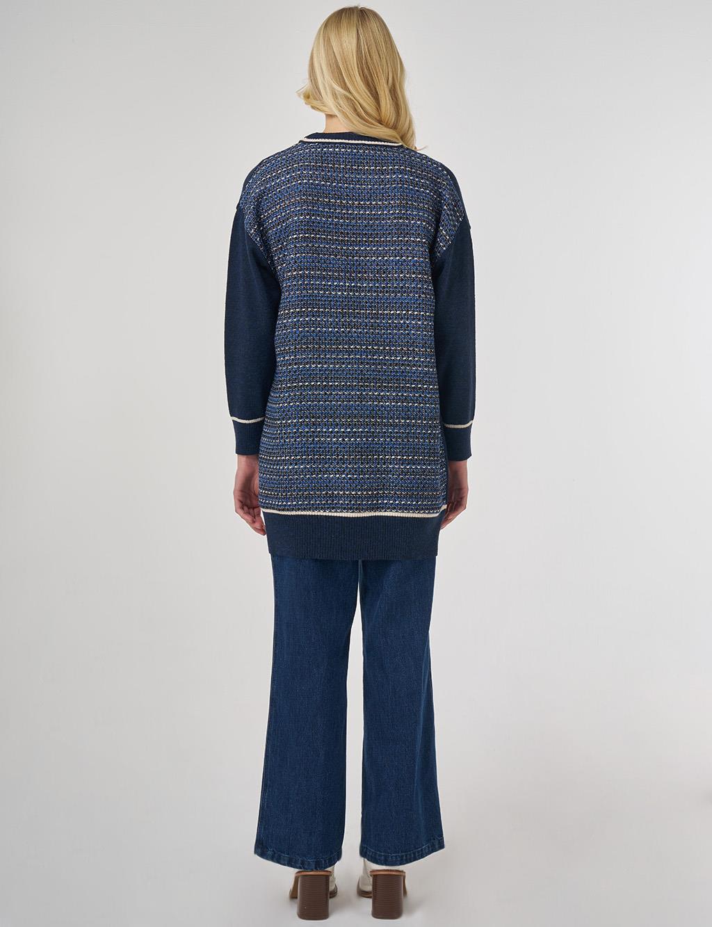 Contrast Trim Knit Cardigan in Navy Blue