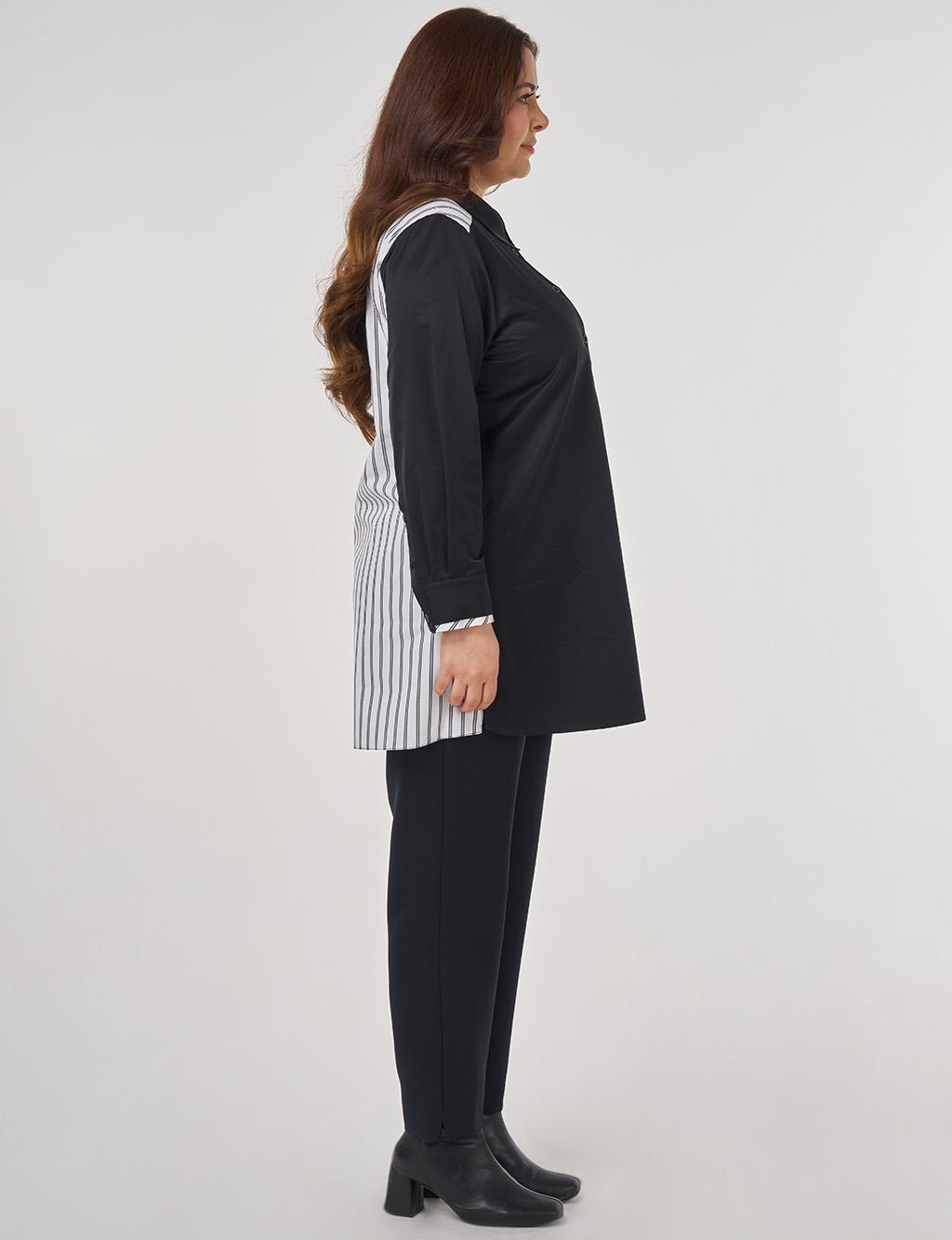 Çizgi Desen Pamuklu Tunik Siyah