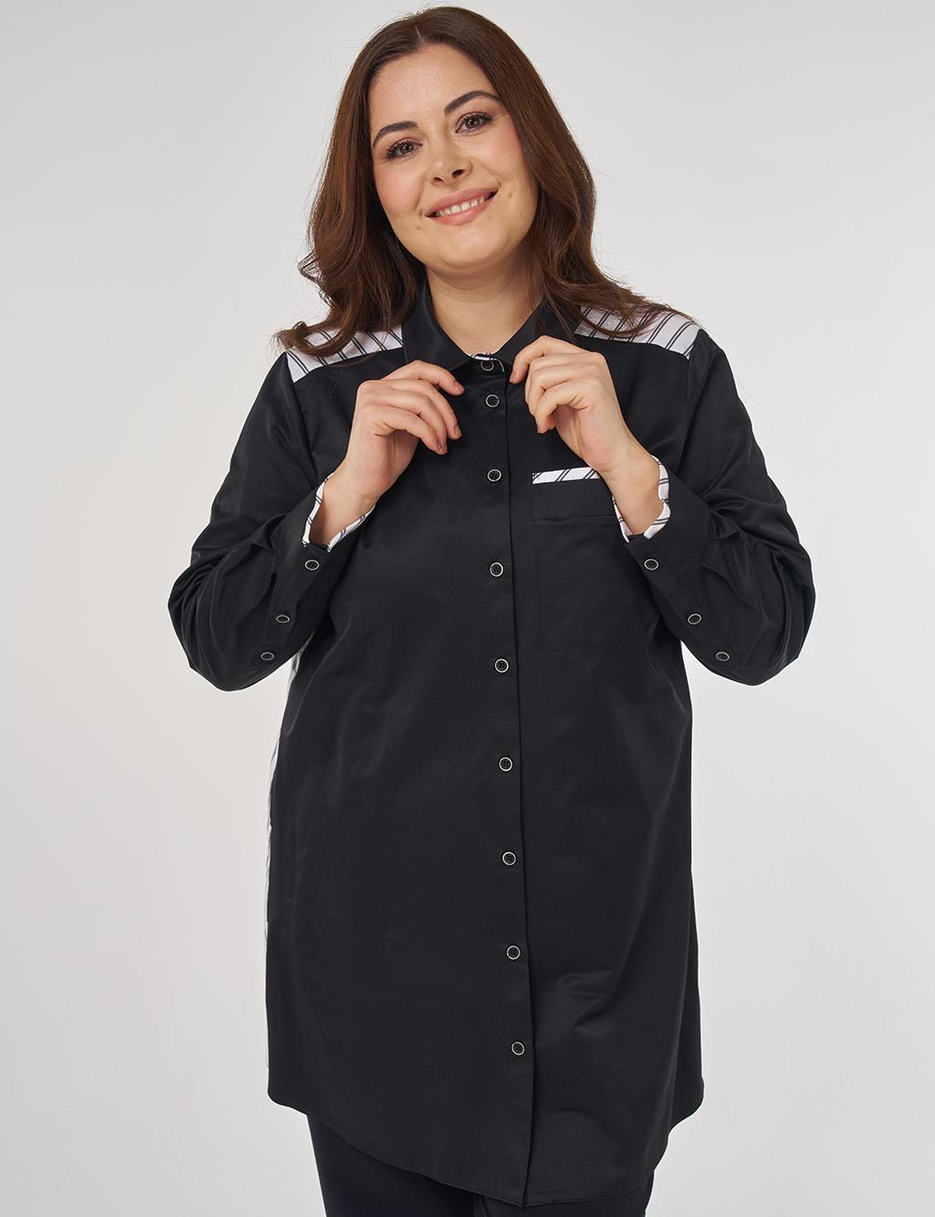 Çizgi Desen Pamuklu Tunik Siyah