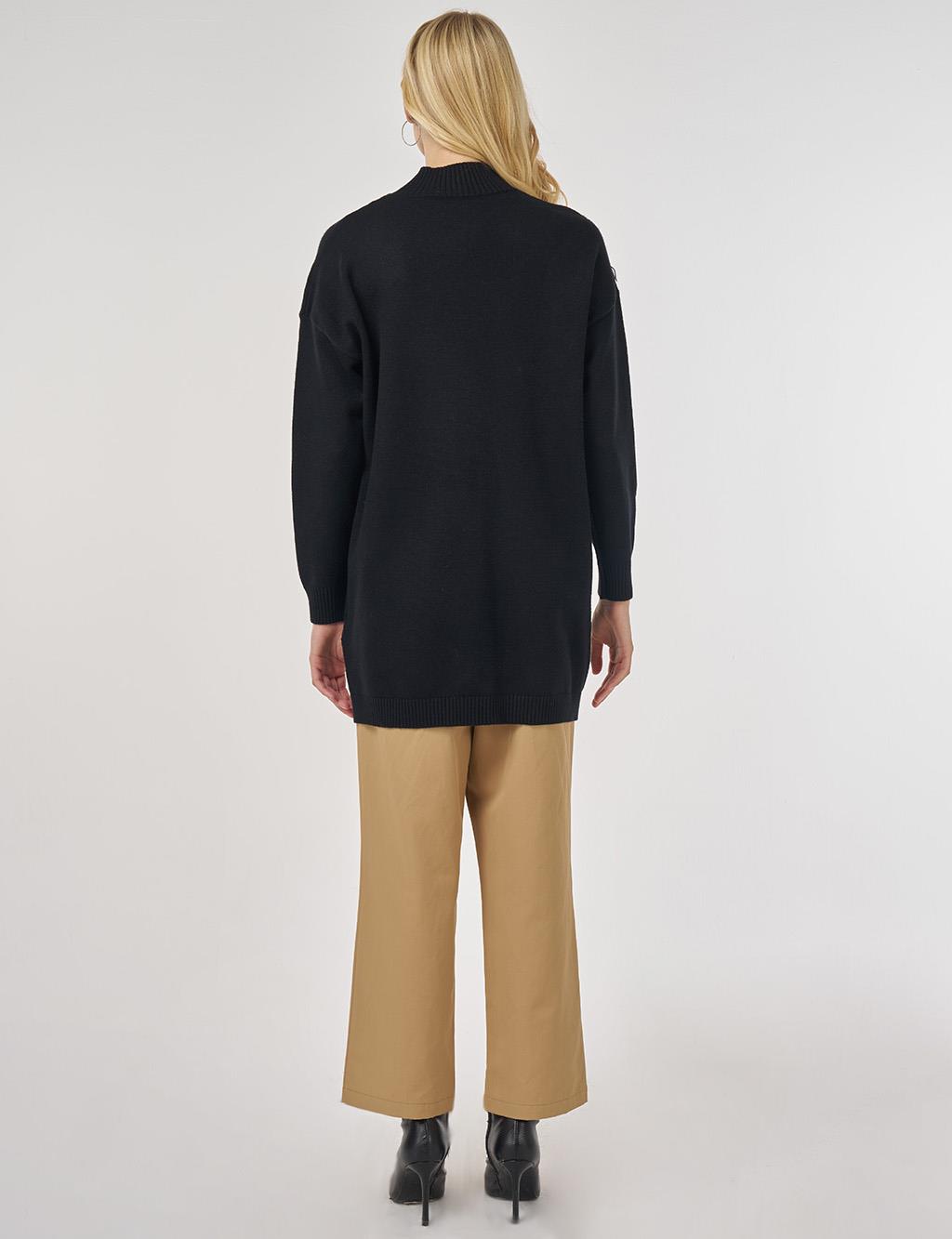 Örgü Detaylı Viskon Triko Tunik Siyah