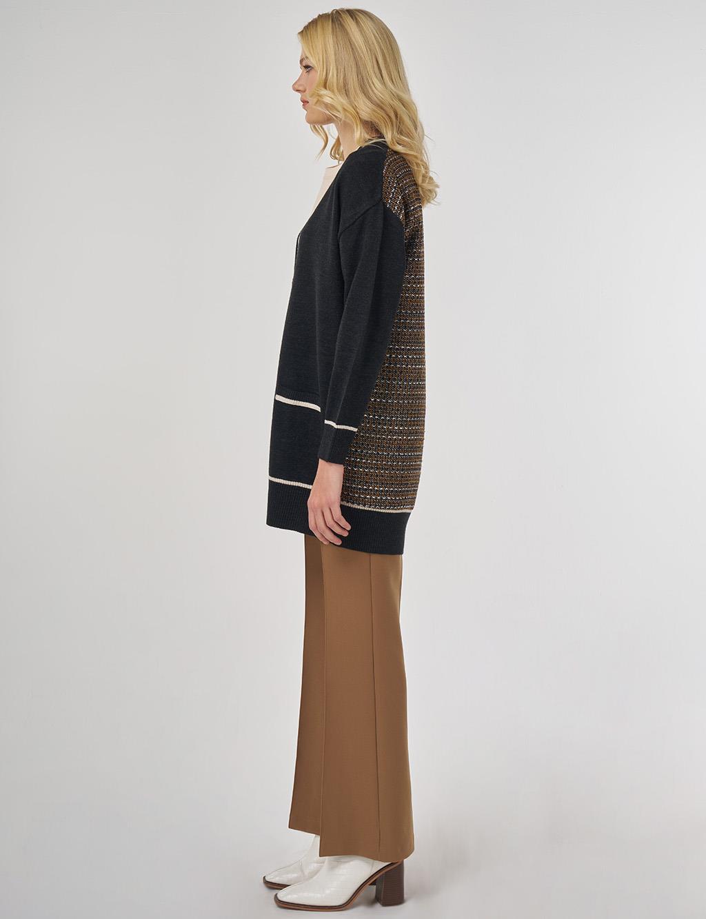 Contrast Trim Knit Cardigan in Black