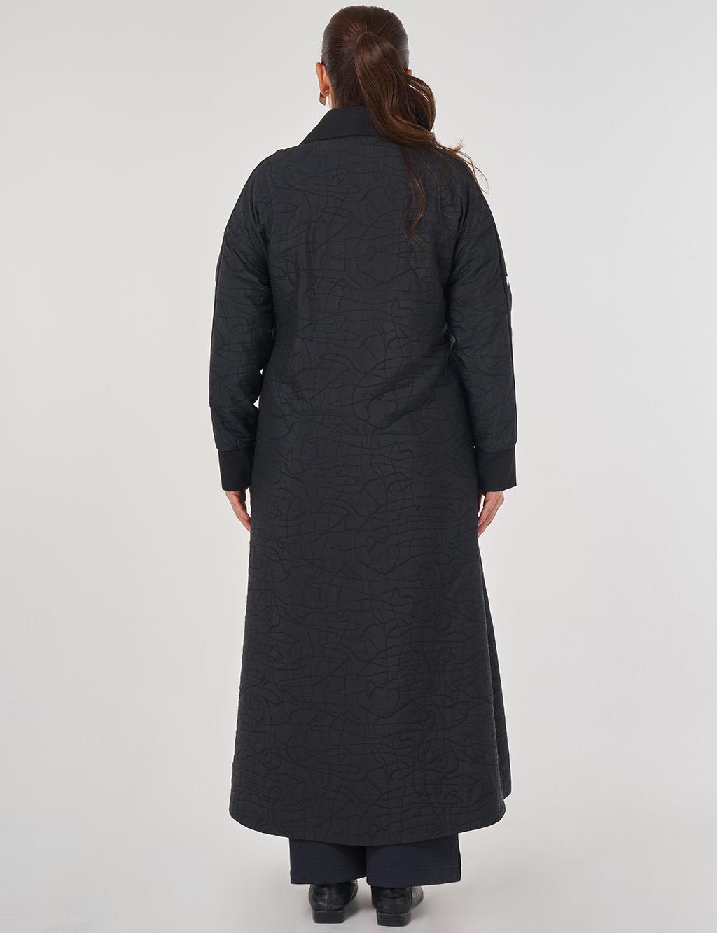 Embossed Pattern Stand Collar Coat in Black
