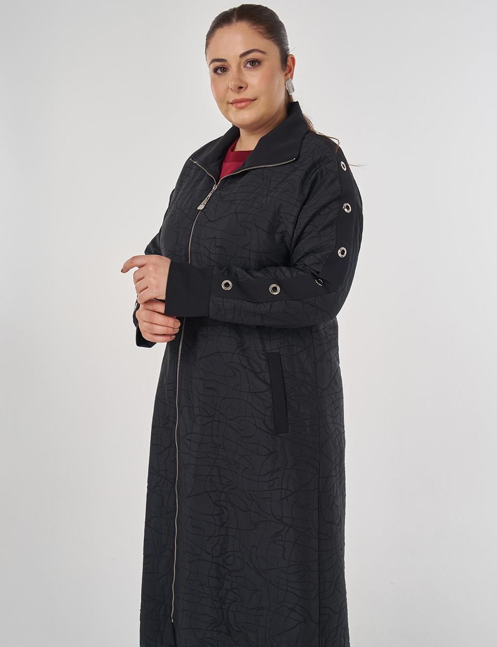 Embossed Pattern Stand Collar Coat in Black