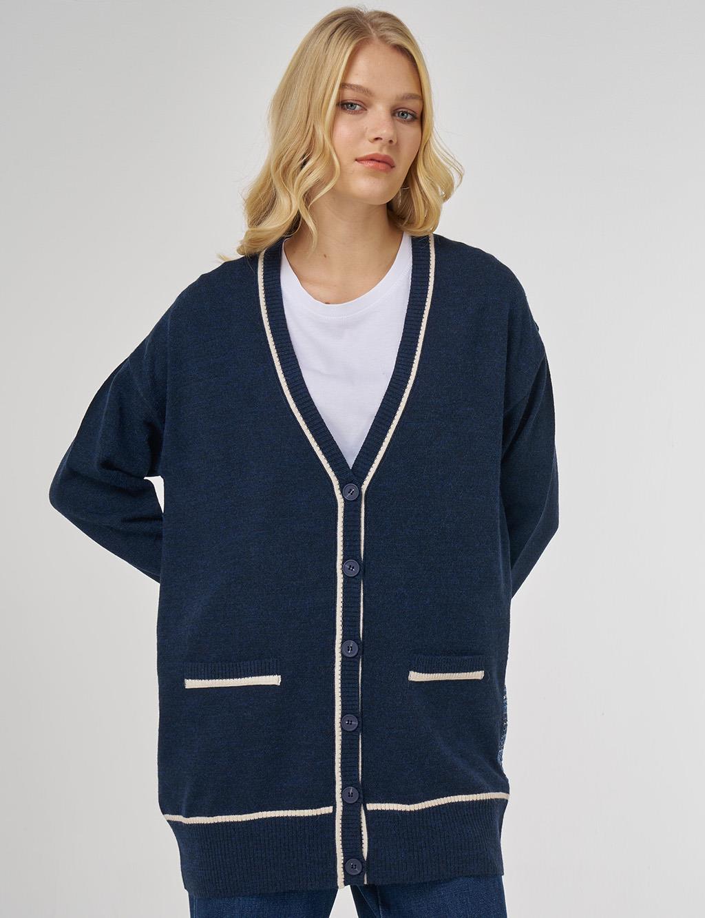 Contrast Trim Knit Cardigan in Navy Blue