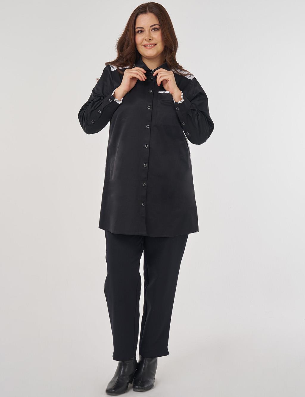 Çizgi Desen Pamuklu Tunik Siyah