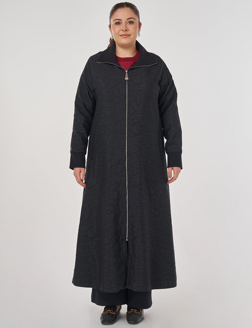 Embossed Pattern Stand Collar Coat in Black