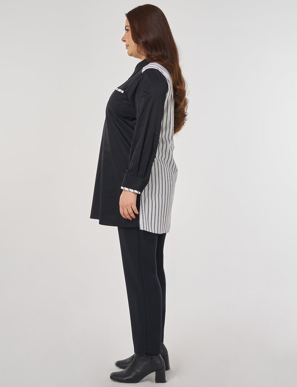 Çizgi Desen Pamuklu Tunik Siyah