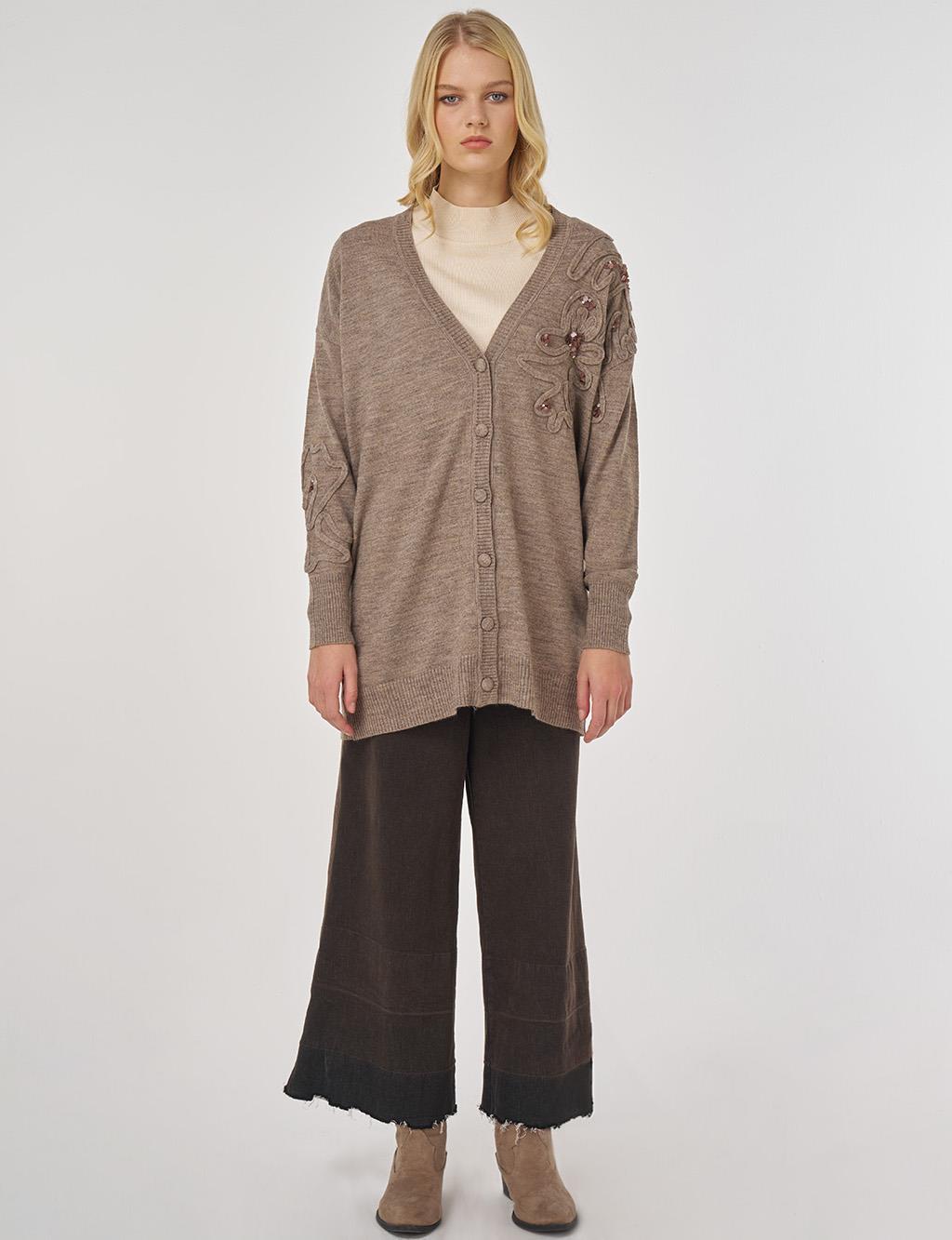 Sequin Detailed Knit Cardigan in Beige