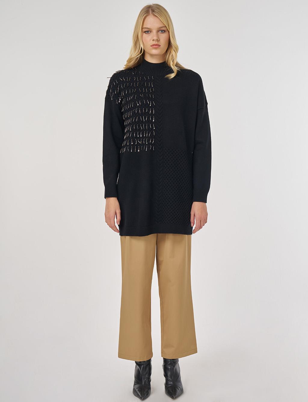 Örgü Detaylı Viskon Triko Tunik Siyah