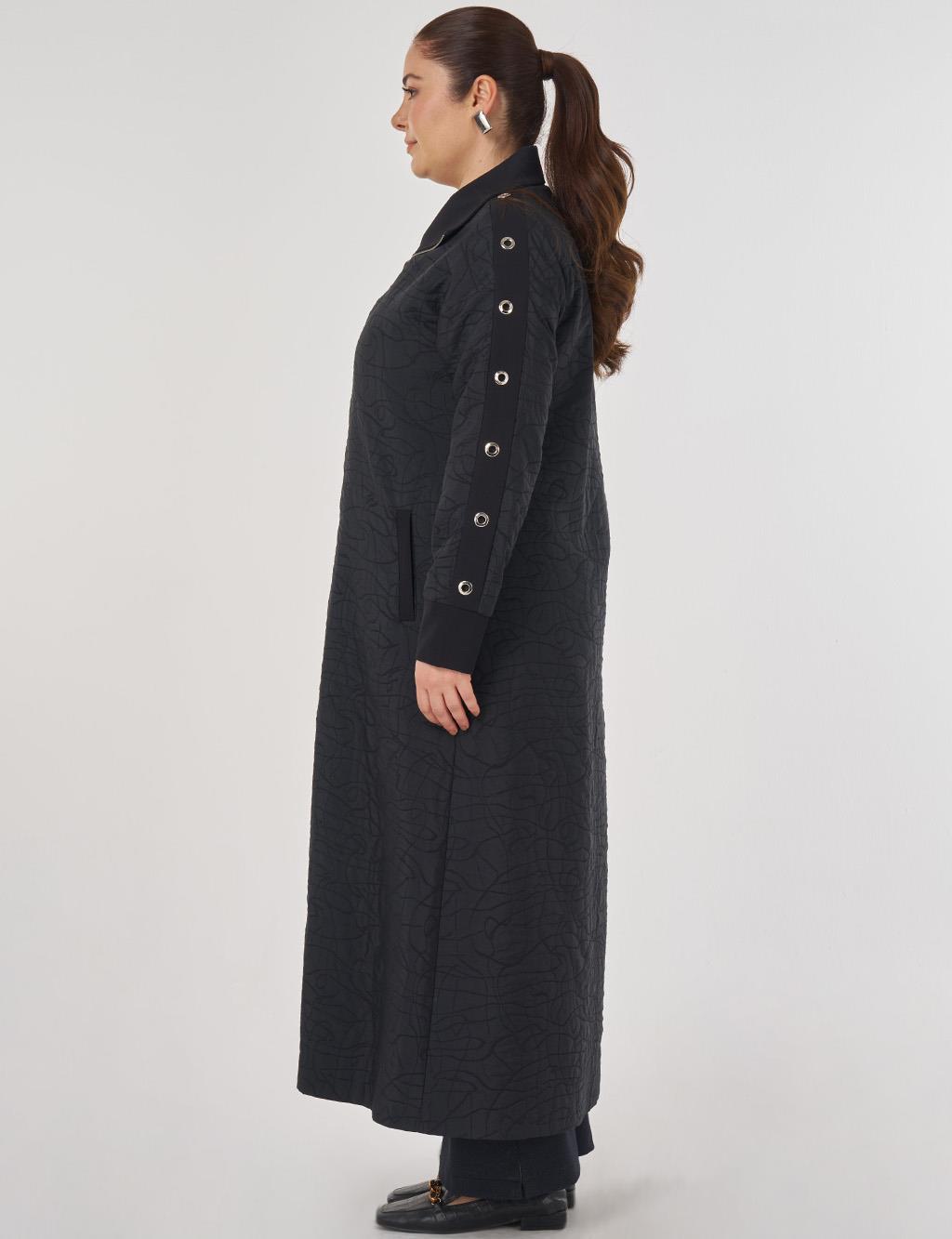 Embossed Pattern Stand Collar Coat in Black