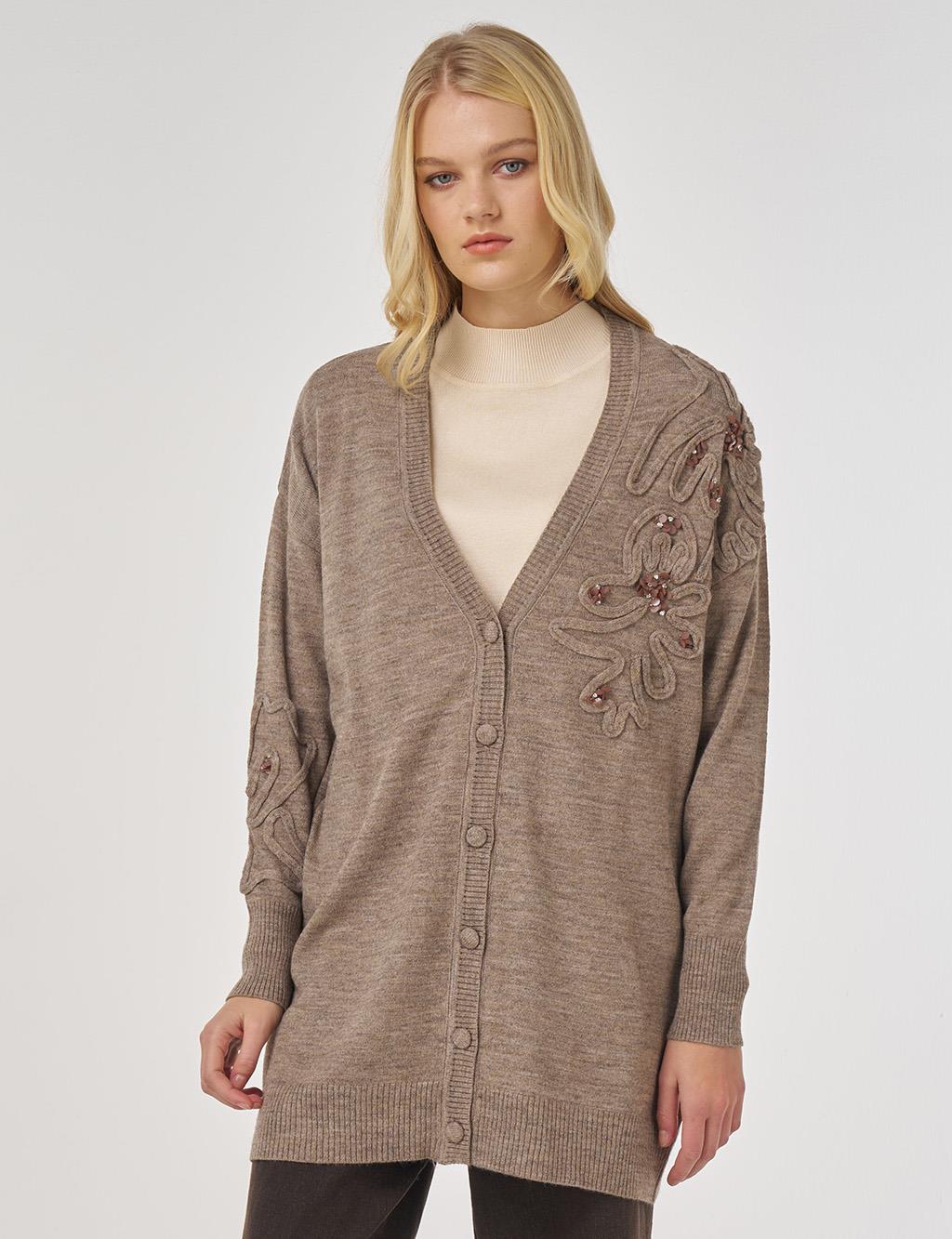 Sequin Detailed Knit Cardigan in Beige
