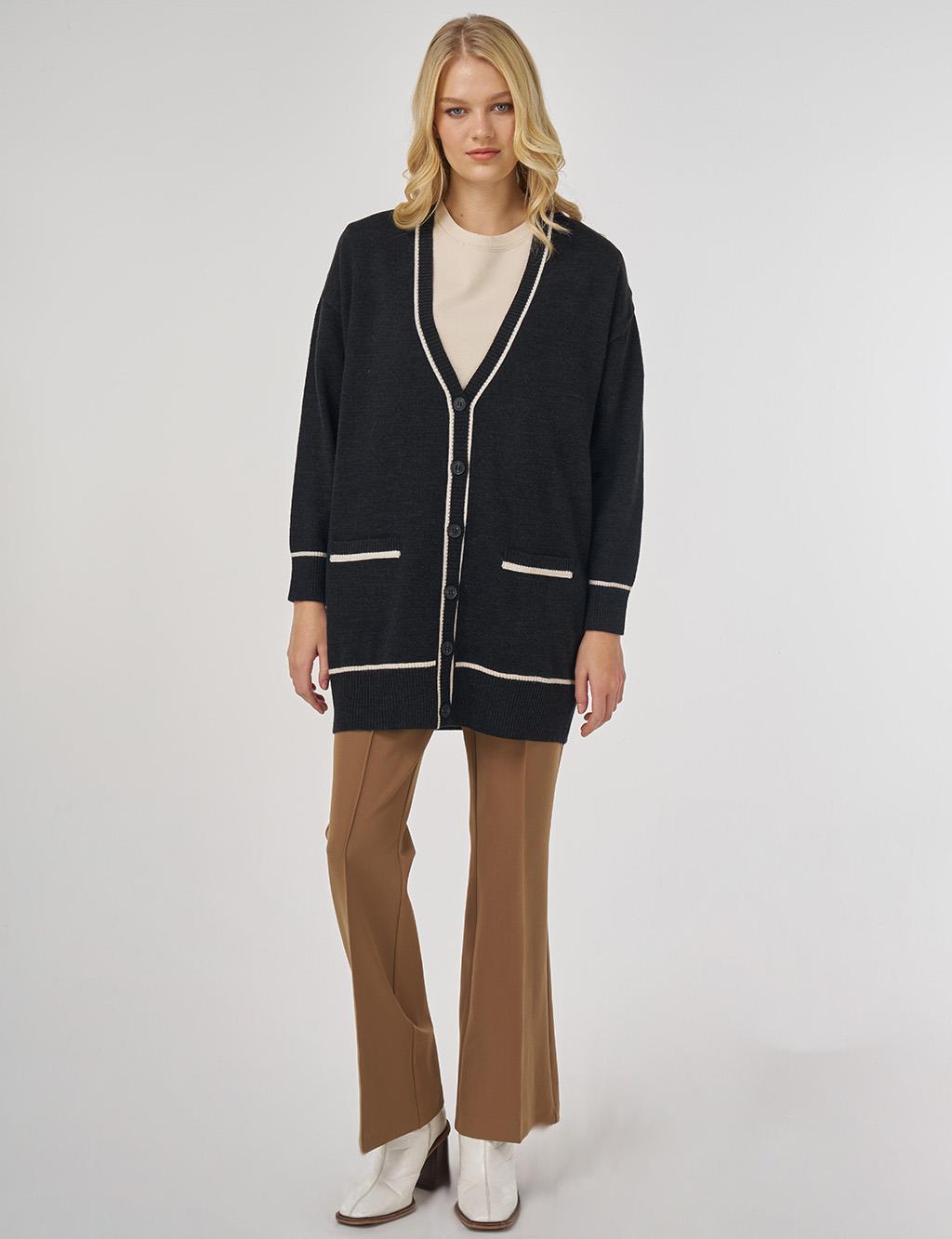 Contrast Trim Knit Cardigan in Black